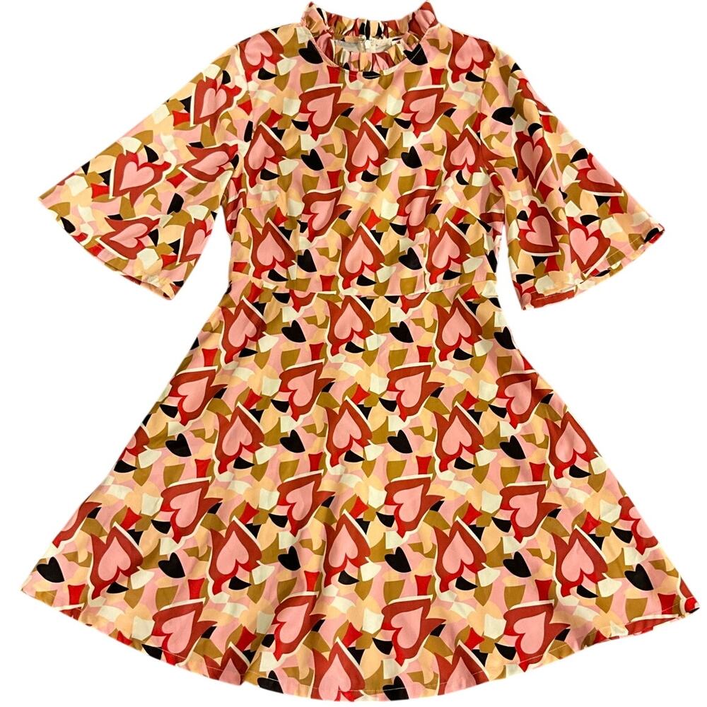 Melloday Women's Dress Size Small Brown Pink Red Hearts A Line POCKETS